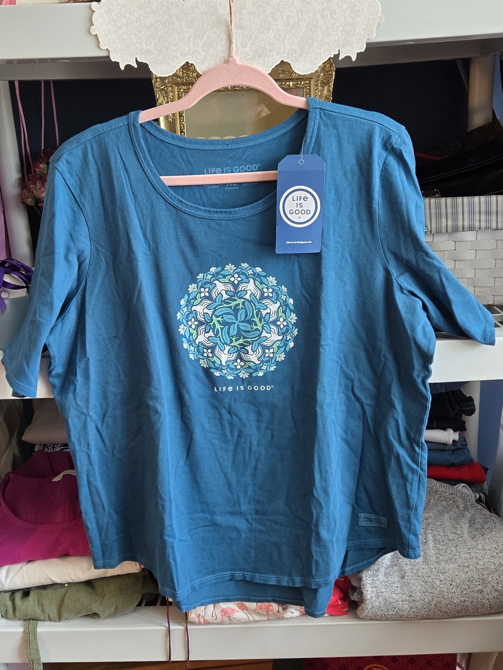 Life Is Good Teal Women's Crusher Tee with Floral Medallion